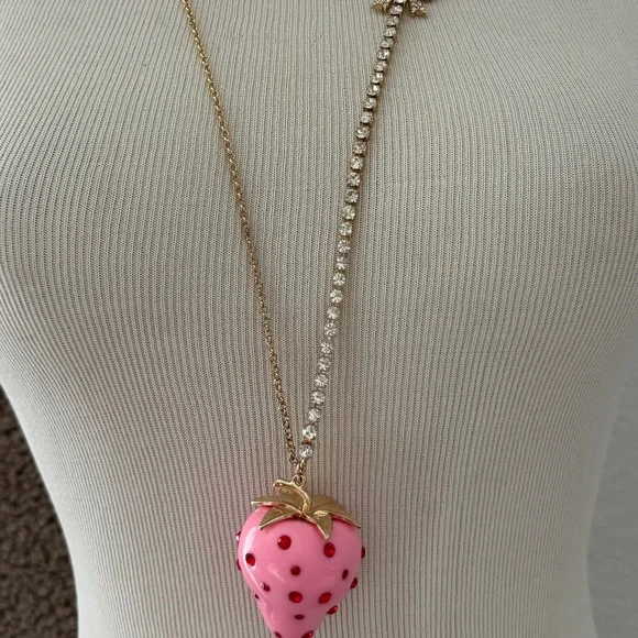 Betsey Johnson Pink Strawberry Red Rhinestone Long Necklace Gold Tone - Picture 2 of 9